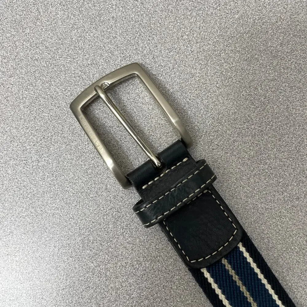 Kent and Curwent Belt 90cm Mens Blue Cotton Leather Preppy Silver Buckle Stripe